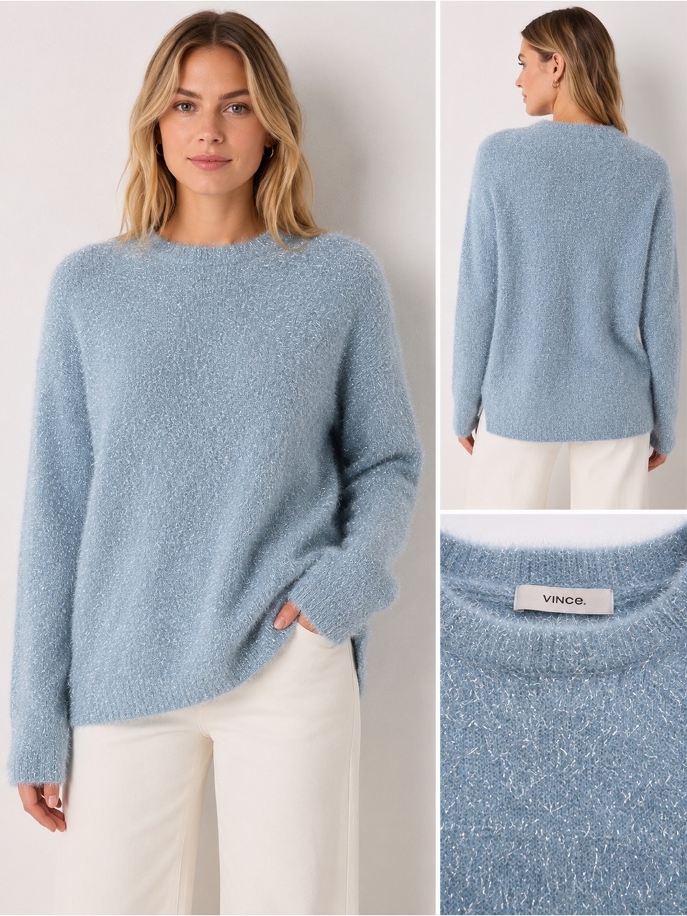 Vince Metallic Eyelash Knit Sweater Blue XL Fuzzy Long Sleeve Pullover